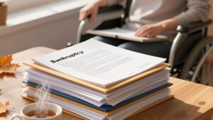 Человек в инвалидном кресле за столом, подготовка документов на банкротство инвалидов в сентябре